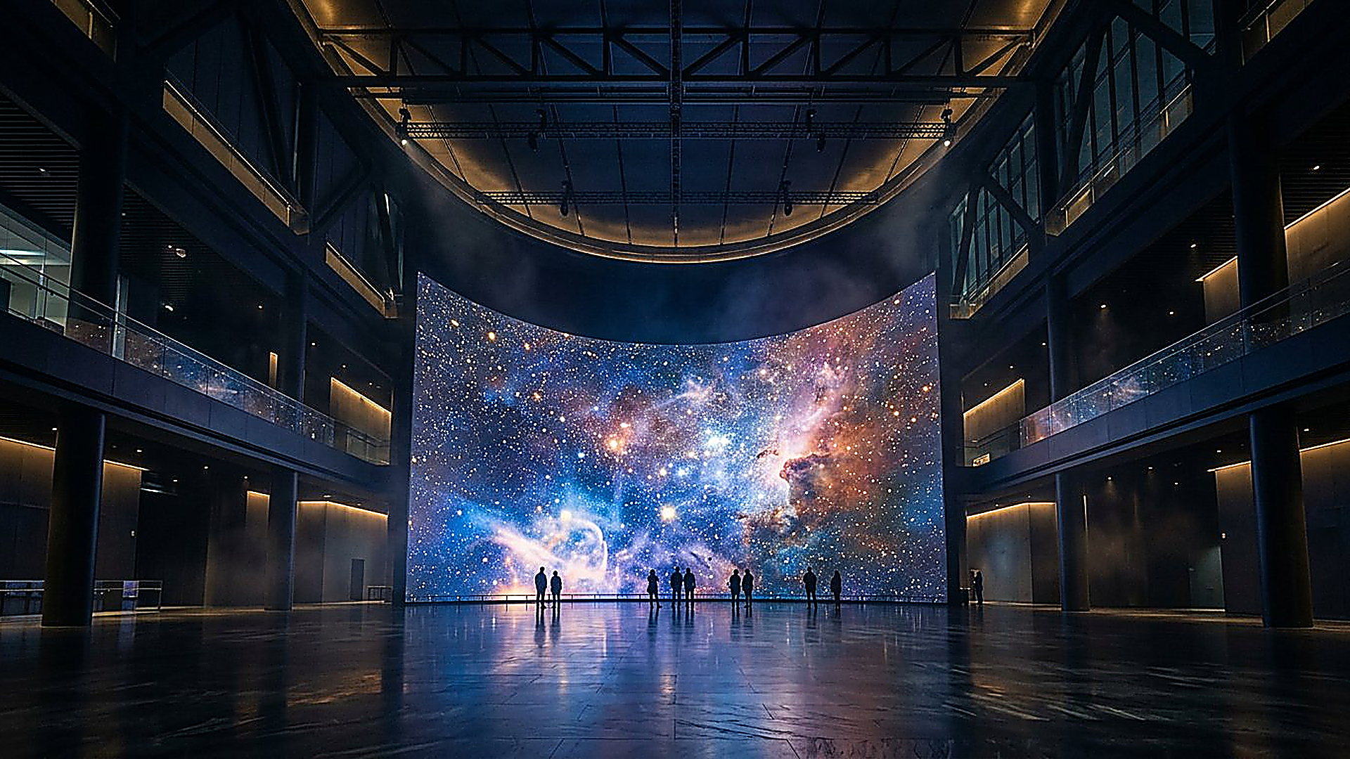 Atrium du musée, immense mur d'images projetant le cosmos