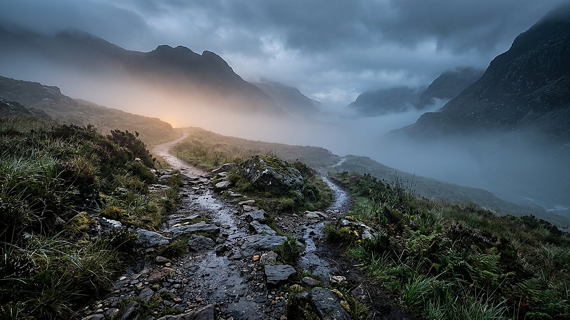 Sentier de montagne se séparant en deux branches dans la brume
