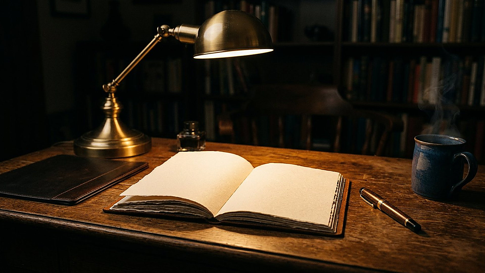 Carnet vierge ouvert sous la lumière chaude d'une lampe