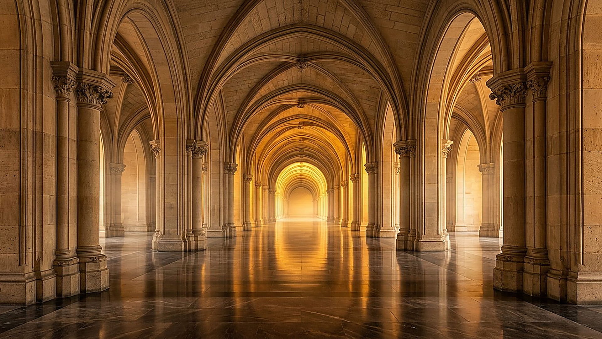 Enfilade d'arches monumentales en perspective vers une lumière dorée