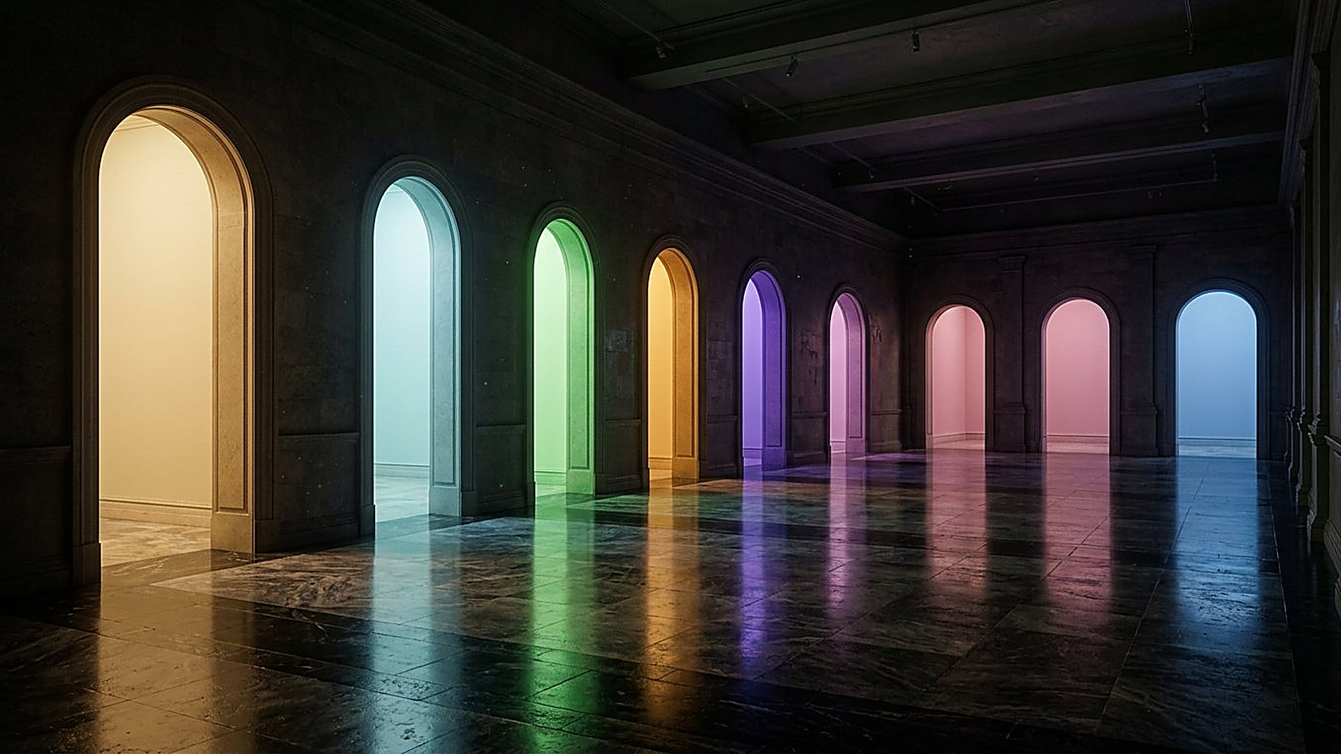 Enfilade de portes ouvertes, chacune lumineuse d'une couleur différente
