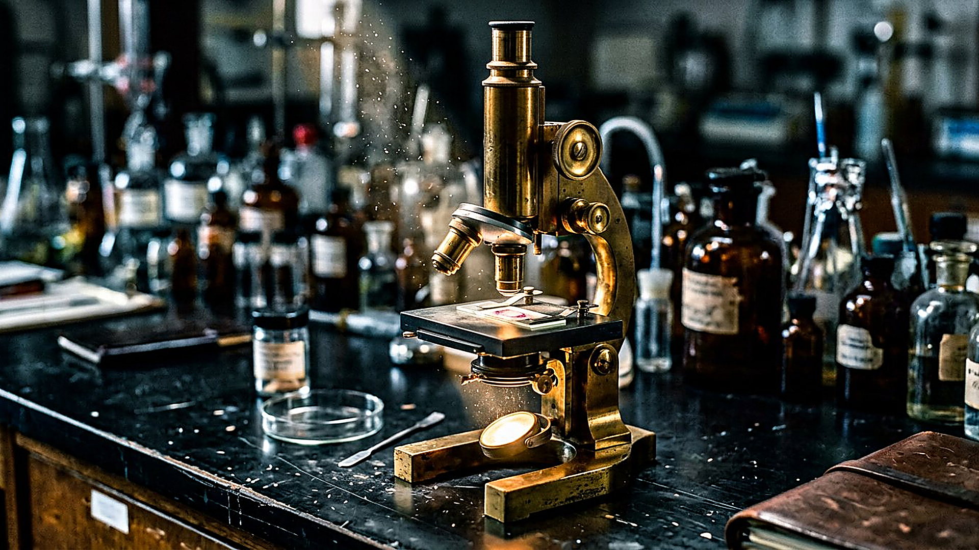 Microscope en laiton sous son cône de lumière, paillasse sombre