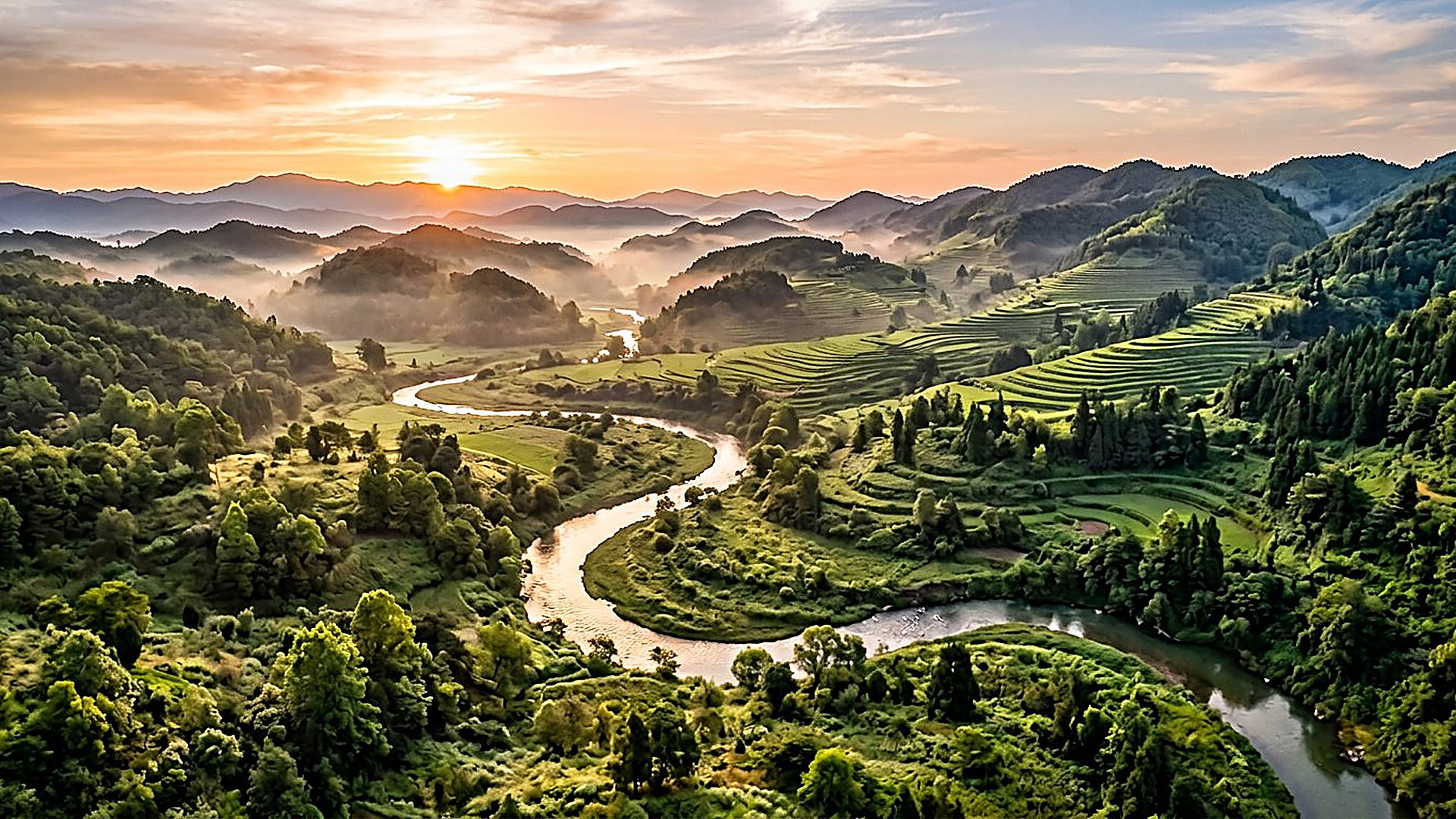 Vallée verte et rivière sinueuse dans la lumière de l'aube