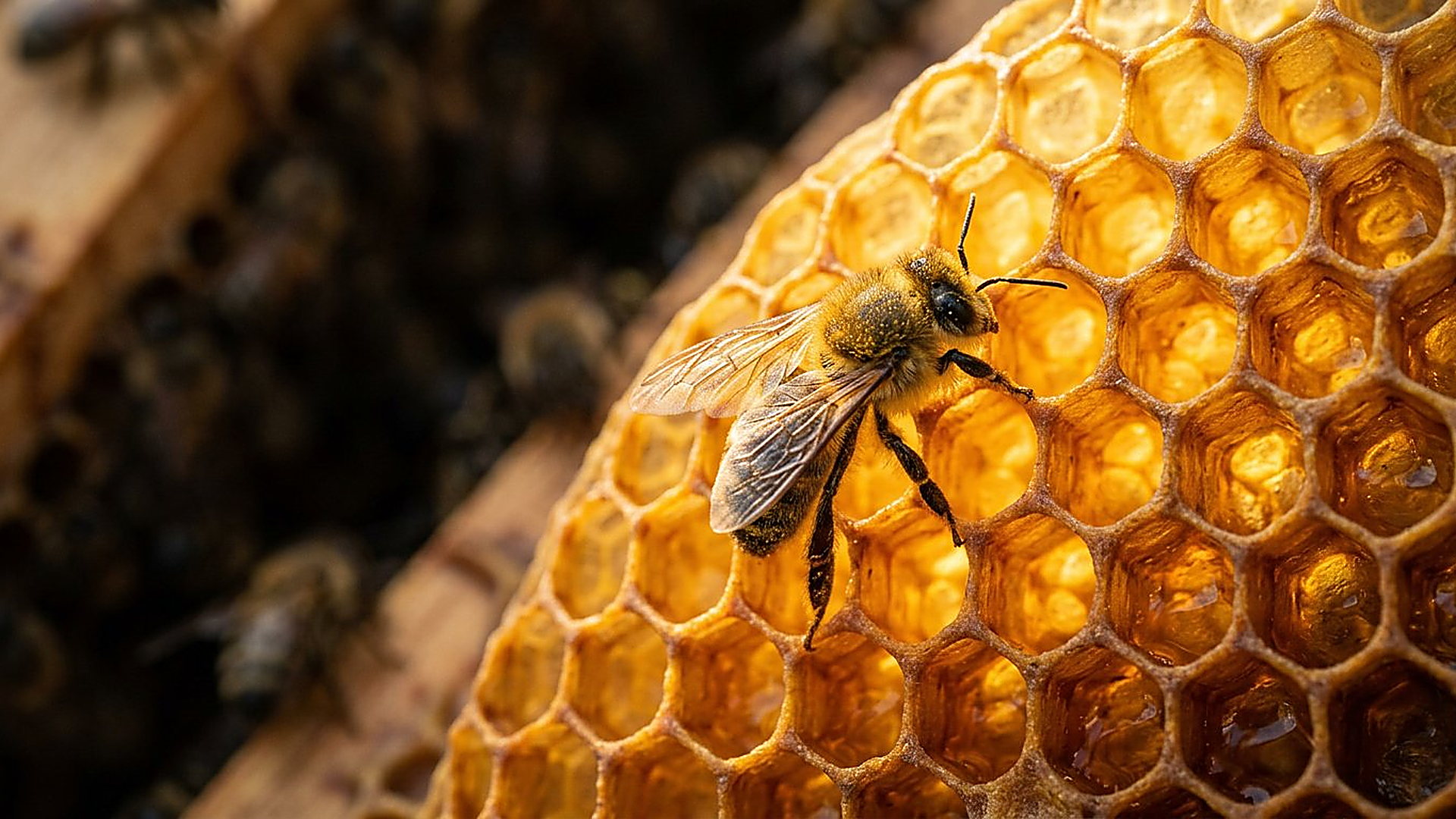 Abeille sur les alvéoles hexagonaux parfaits de son rayon