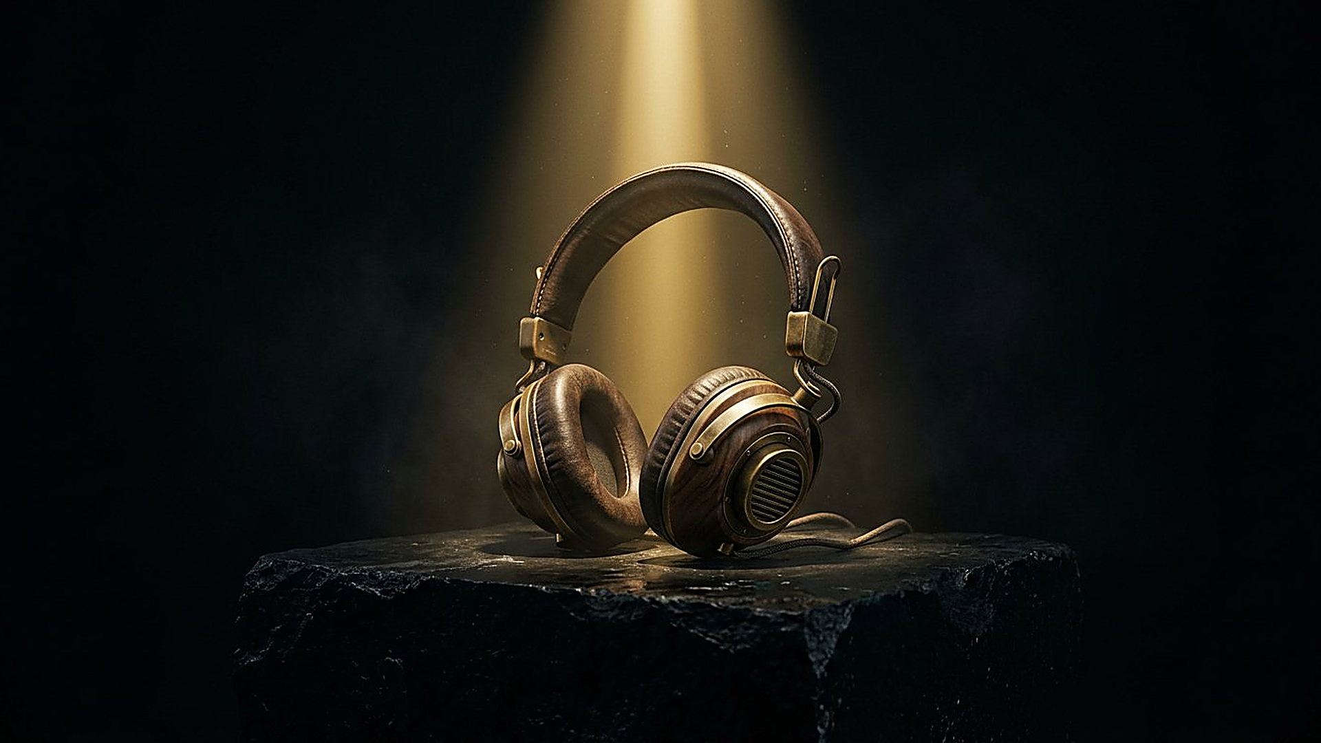 Casque d'écoute vintage posé sur un socle de pierre sous un faisceau doré