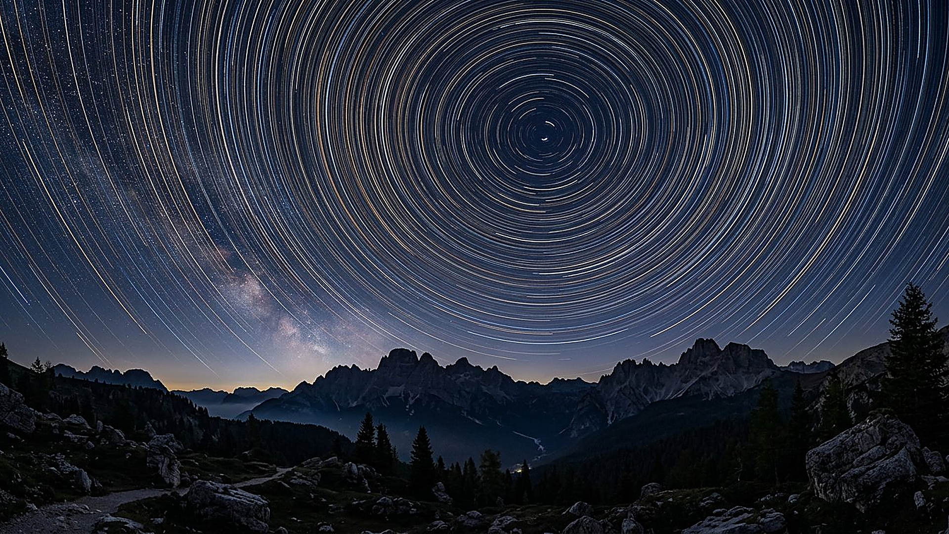 Filets d'étoiles en cercles concentriques au-dessus d'une crête montagneuse, longue pose