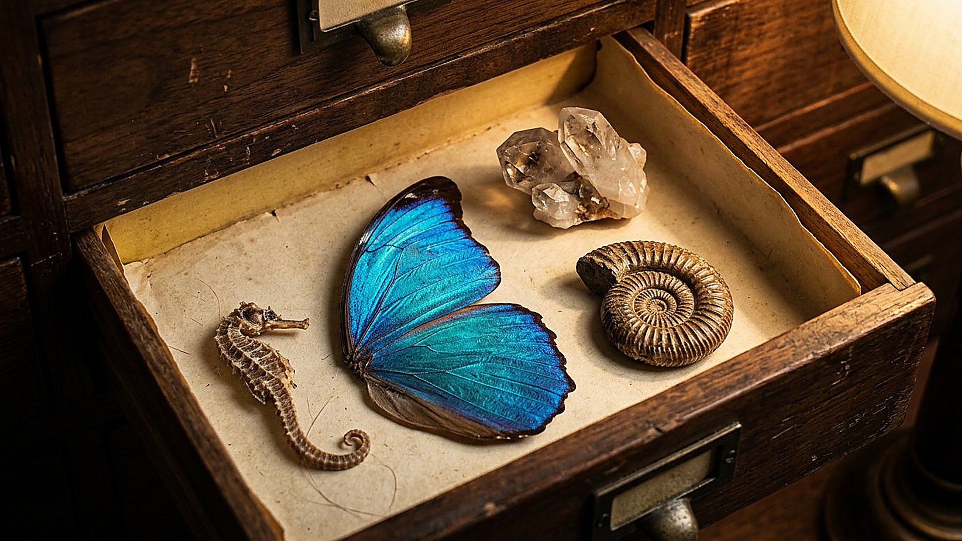 Tiroir de naturaliste : aile de morpho, ammonite, quartz et hippocampe séché