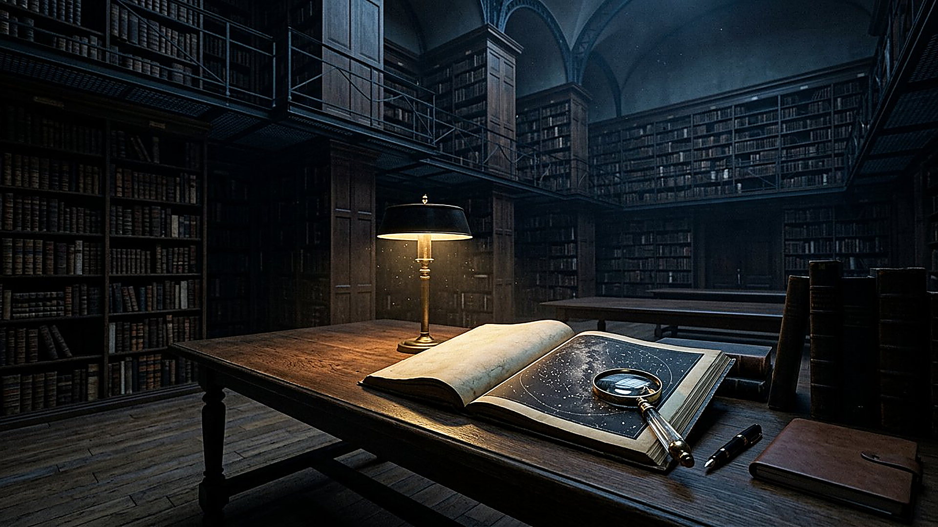 Salle de lecture du musée la nuit : lampe, carte du ciel ouverte et loupe