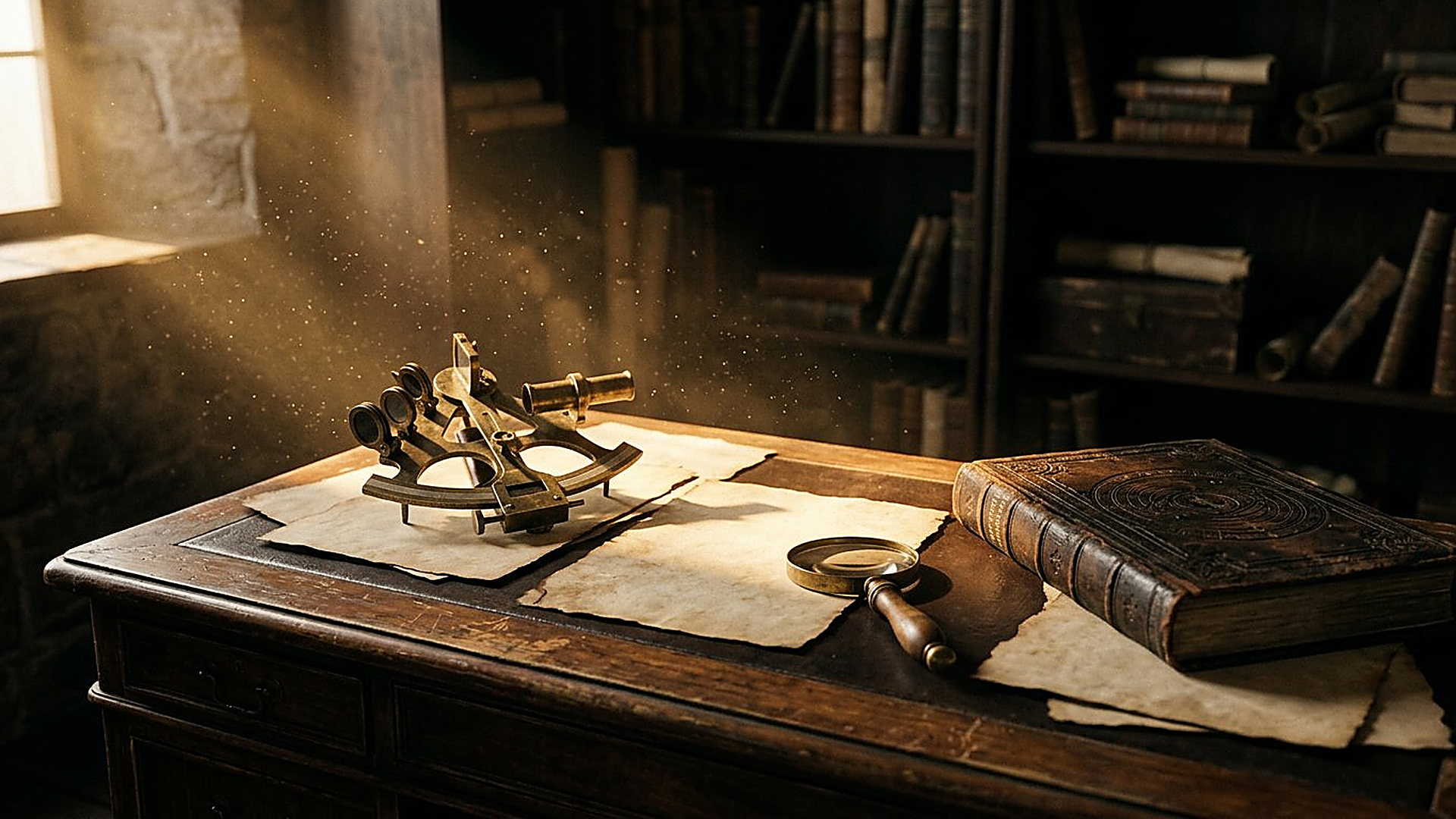 Bureau d'archive ancien : sextant en laiton, lentille et atlas sous un rai de lumière